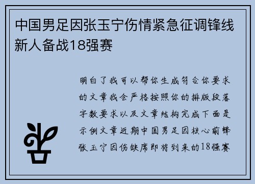 中国男足因张玉宁伤情紧急征调锋线新人备战18强赛 中国男足因张玉宁伤情紧急征调锋线新人备战18强赛